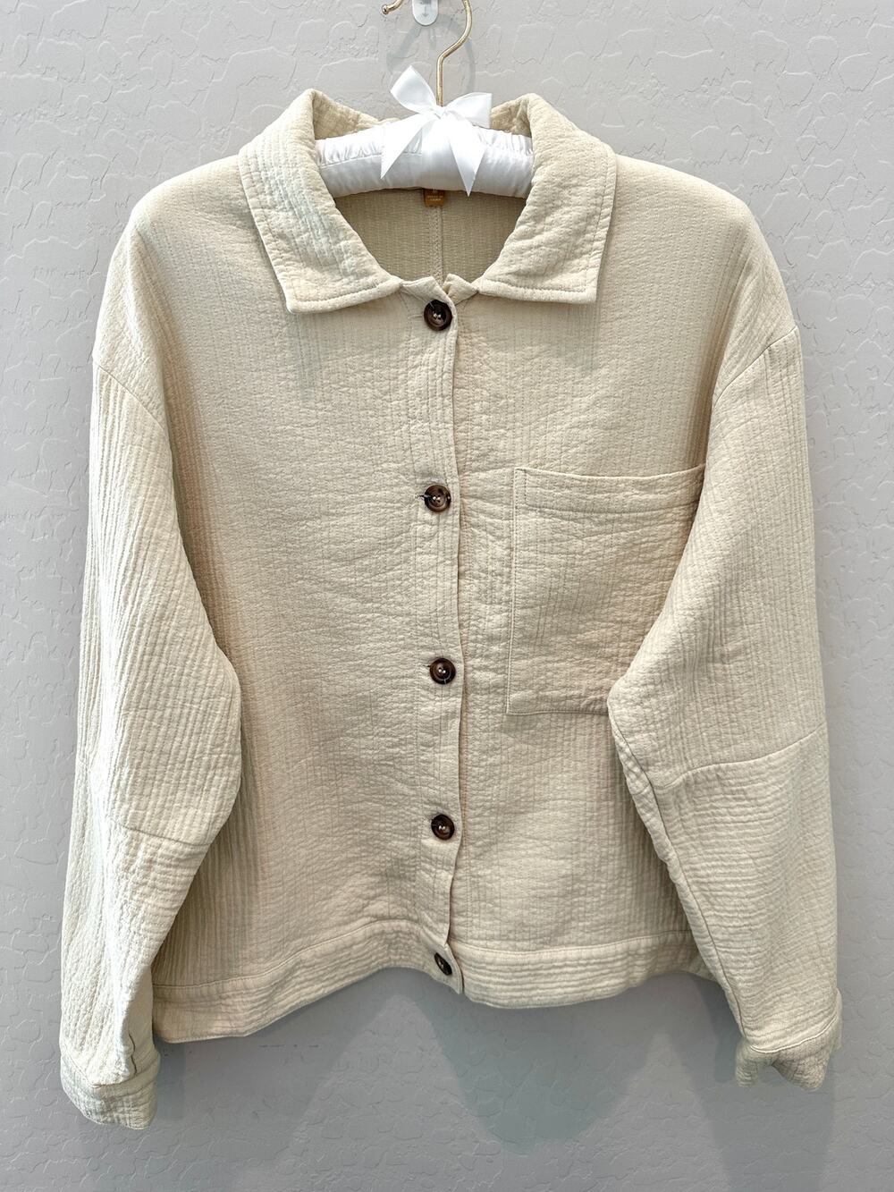 DOWNEAST Cream Beige Boxy Button Front Jacket Textured Cotton Gauze Medium